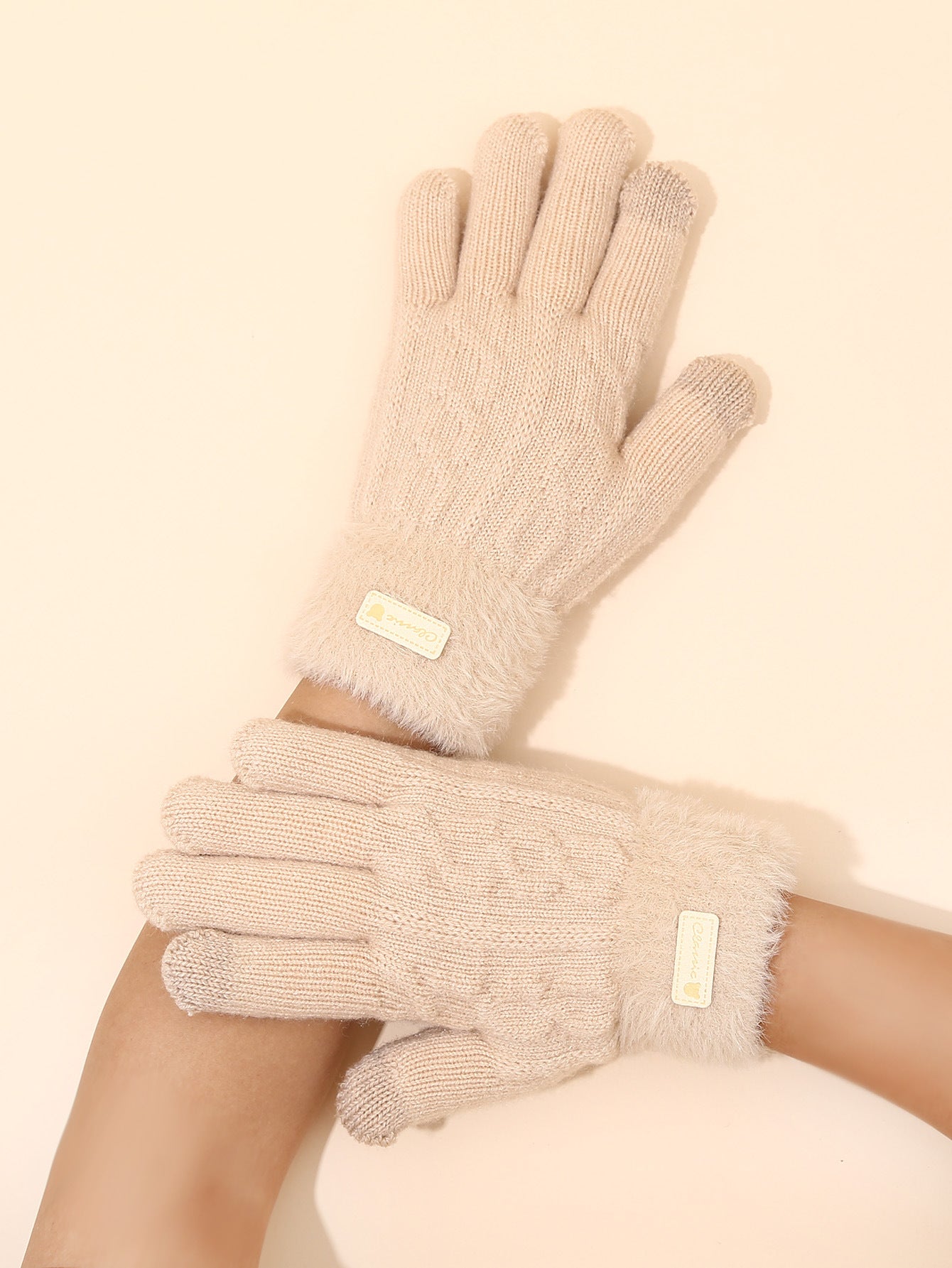 Women's Matching Five Finger Plush Knitted Wool Gloves