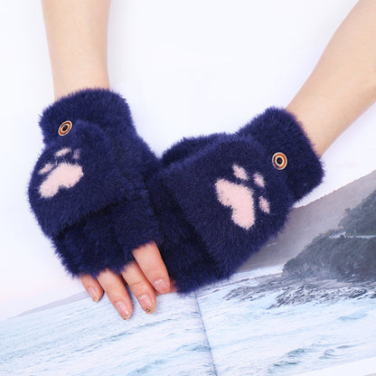 Flip Plush Cute Cat's Paw Fingerless Gloves