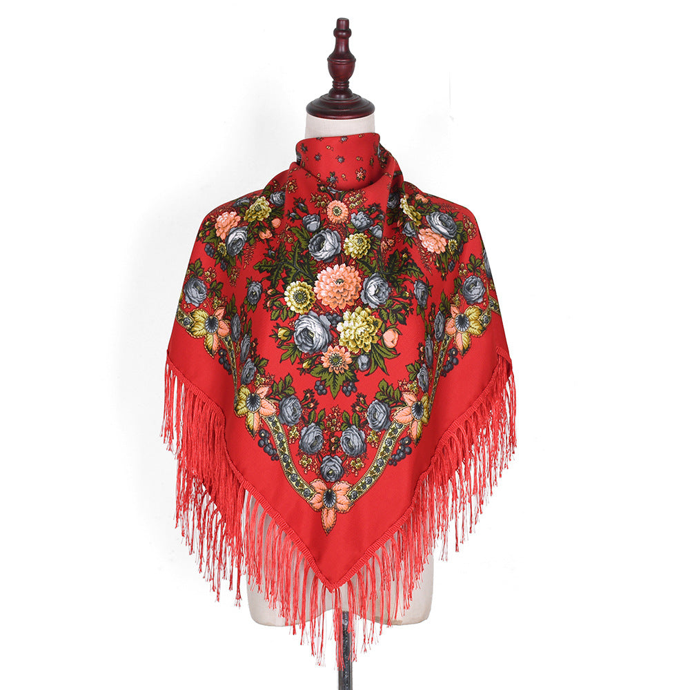 Women's Style Tassel Flowers Printed Spring Travel Embroidered Square Scarfs