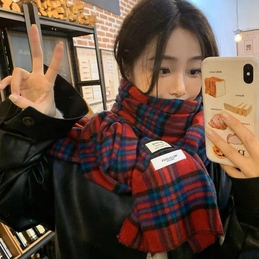 Women's Korean Versatile Plaid Tassel Winter Warm Scarfs