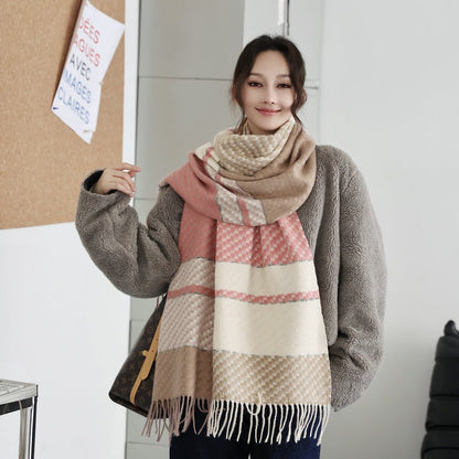 Women's Color Matching Plaid Thickened Warm Tassel Striped Shawl Scarfs