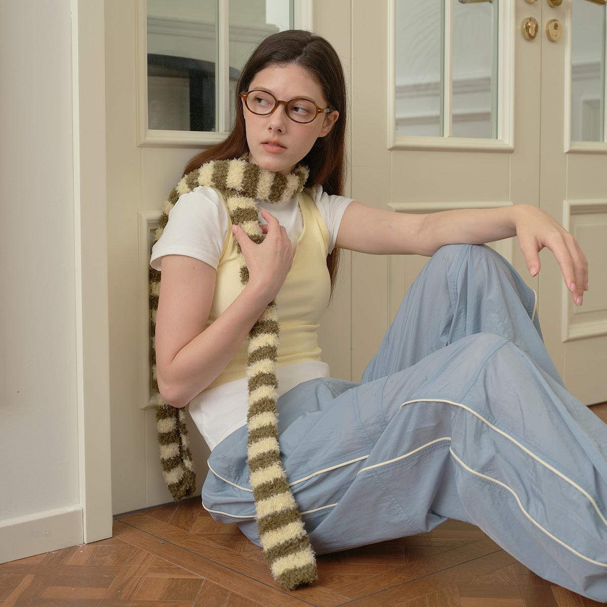 Curly Fur Niche Striped Thin Narrow Long Wool Female Scarfs