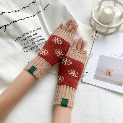 Female Winter Cute Christmas Snowflake Knitted Gloves