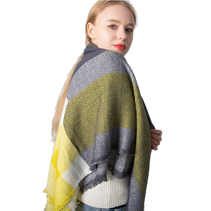 Women's Yellow Gray Large Plaid Square Double-sided Scarfs