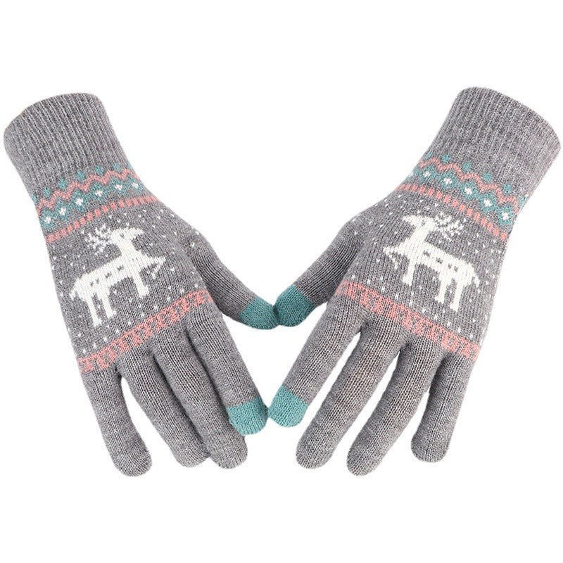 Female Deer Jacquard Fleece Lining Thickened Mobile Phone Gloves