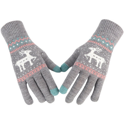 Female Deer Jacquard Fleece Lining Thickened Mobile Phone Gloves