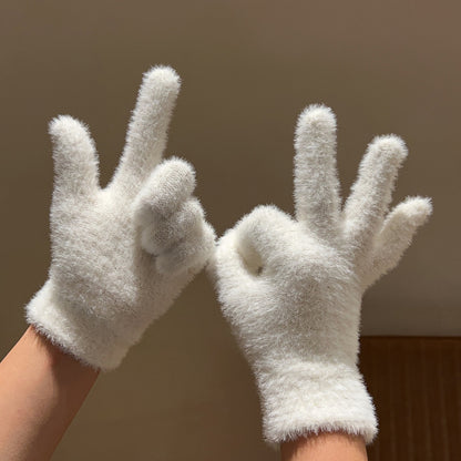 Rabbit Fur Plush Female Winter Fleece-lined Gloves