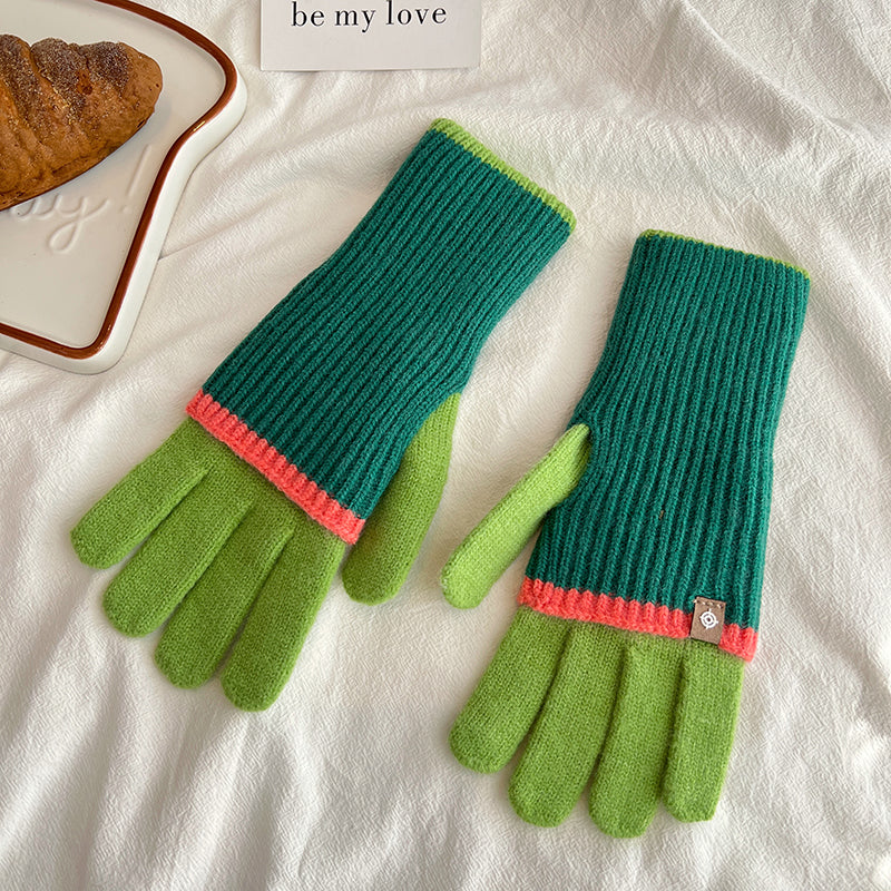 Women's Winter Color Contrast Patchwork Five-finger Touch Gloves