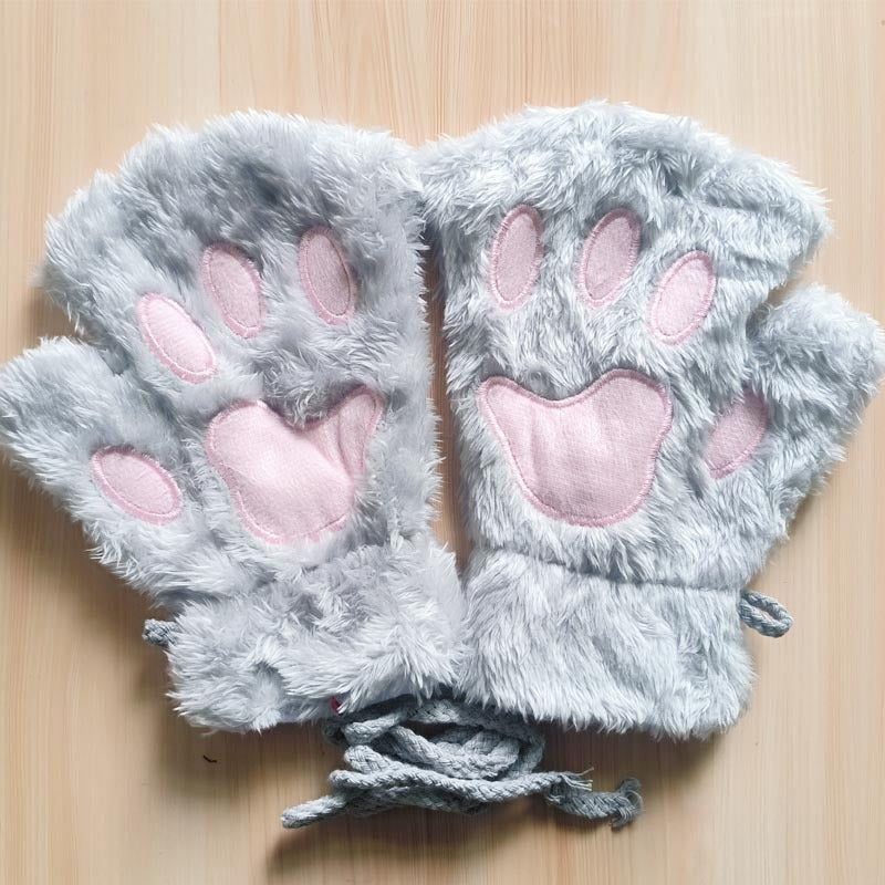 Winter Cute Cartoon Cat Open Finger Warm Gloves