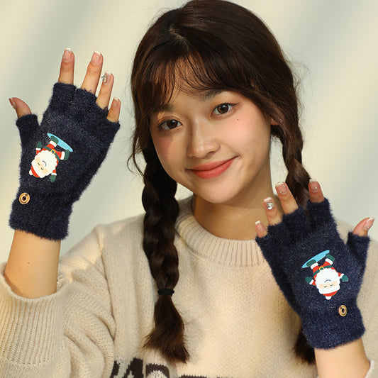 Cute Cartoon Plush Warm Flip Open Finger Gloves