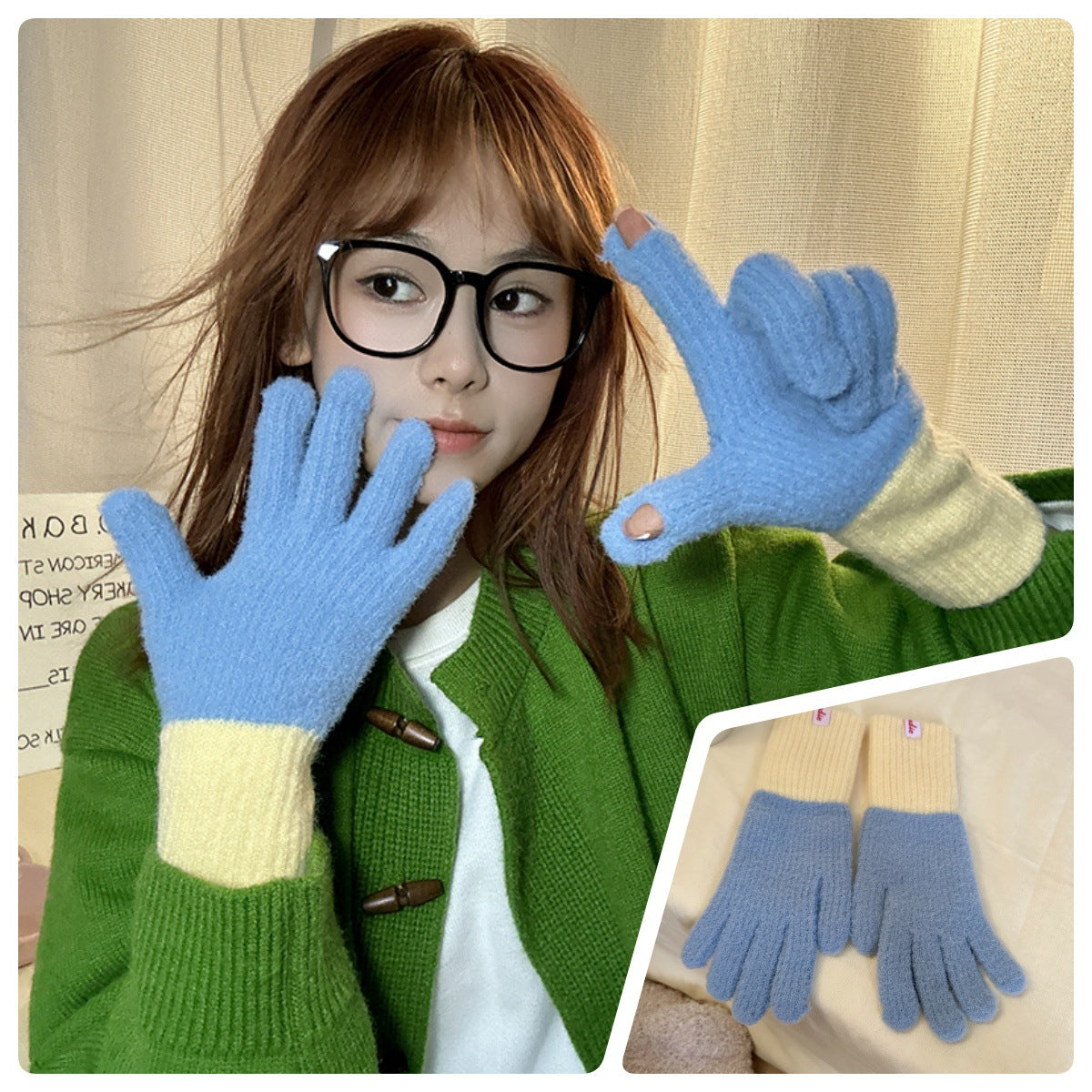 Women's Picture Scroll Color Matching Knitted Five-finger Thickened Warm Gloves