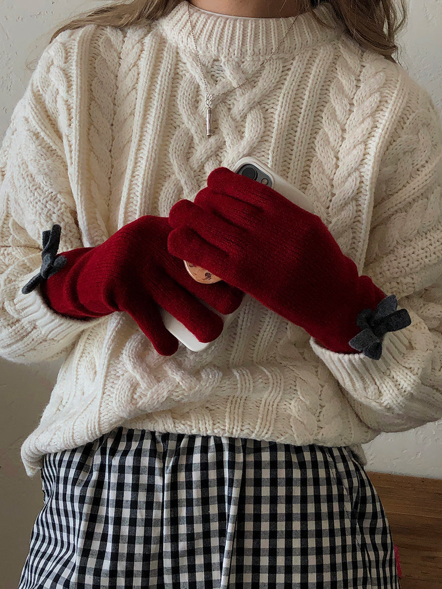 Women's Winter Bowknot Finger Wool Warm Touch Gloves