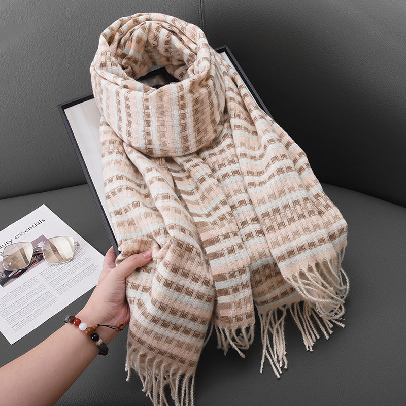 Women's Colorful Small Plaid Tassel Design Warm Scarfs