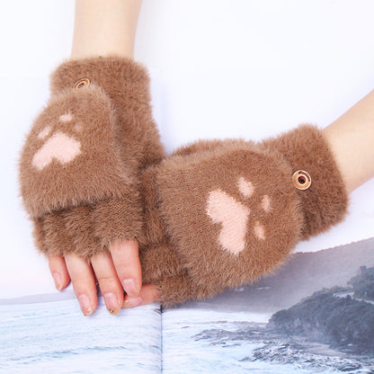 Flip Plush Cute Cat's Paw Fingerless Gloves