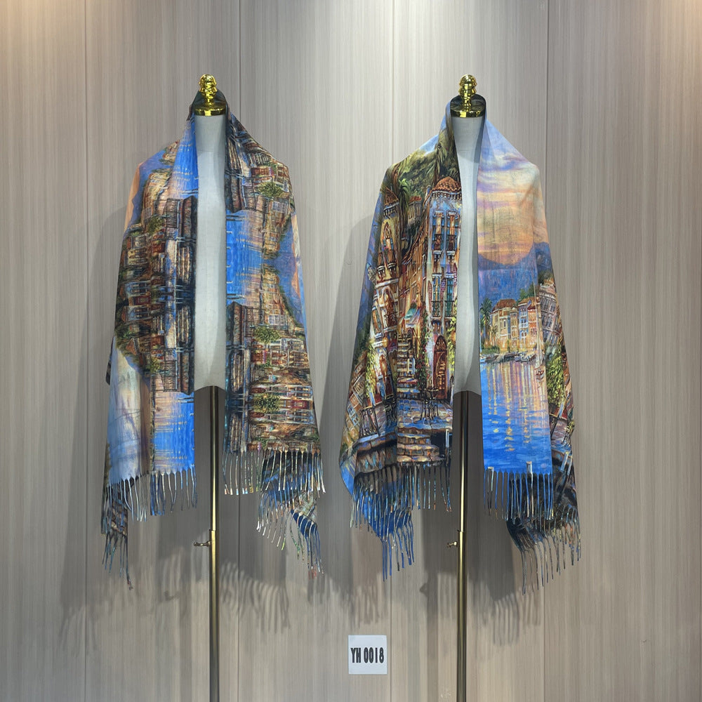 Women's Oil Painting Shawl Outer Match Tassel Scarfs