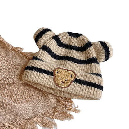 Children's Style Knitted Hat Boys Striped Bear Woolen Kids' Headwear