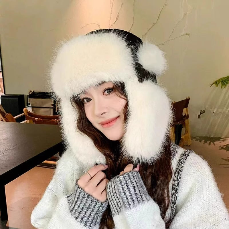 Female Winter Thickened Warm Ski Ear Protection Plush Sleeve Hats & Caps