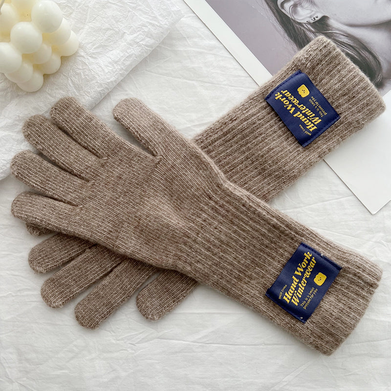 Women's Korean Style Solid Color Labeling Long Knitted Wool Finger Gloves