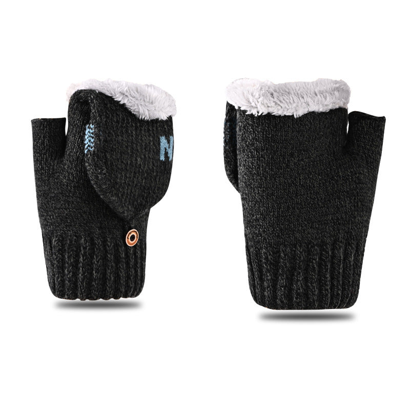 Men's Flip Letter Winter Fleece-lined Thickened Fingerless Knitted Gloves