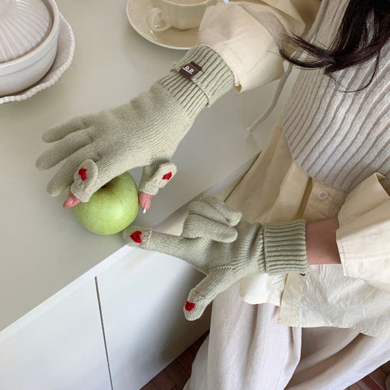 Love Embroidered Female Open Finger Touch Gloves