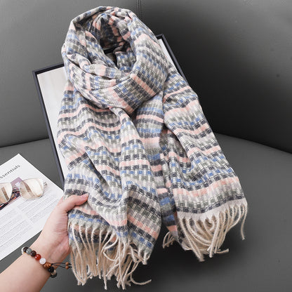 Women's Colorful Small Plaid Tassel Design Warm Scarfs