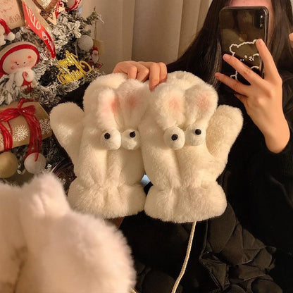 Winter Plush Warm Cute Rabbit Female Fleece-lined Gloves