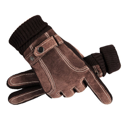 Men's Pig Leather Windproof Warm Motorcycle Fleece-lined Cycling Gloves