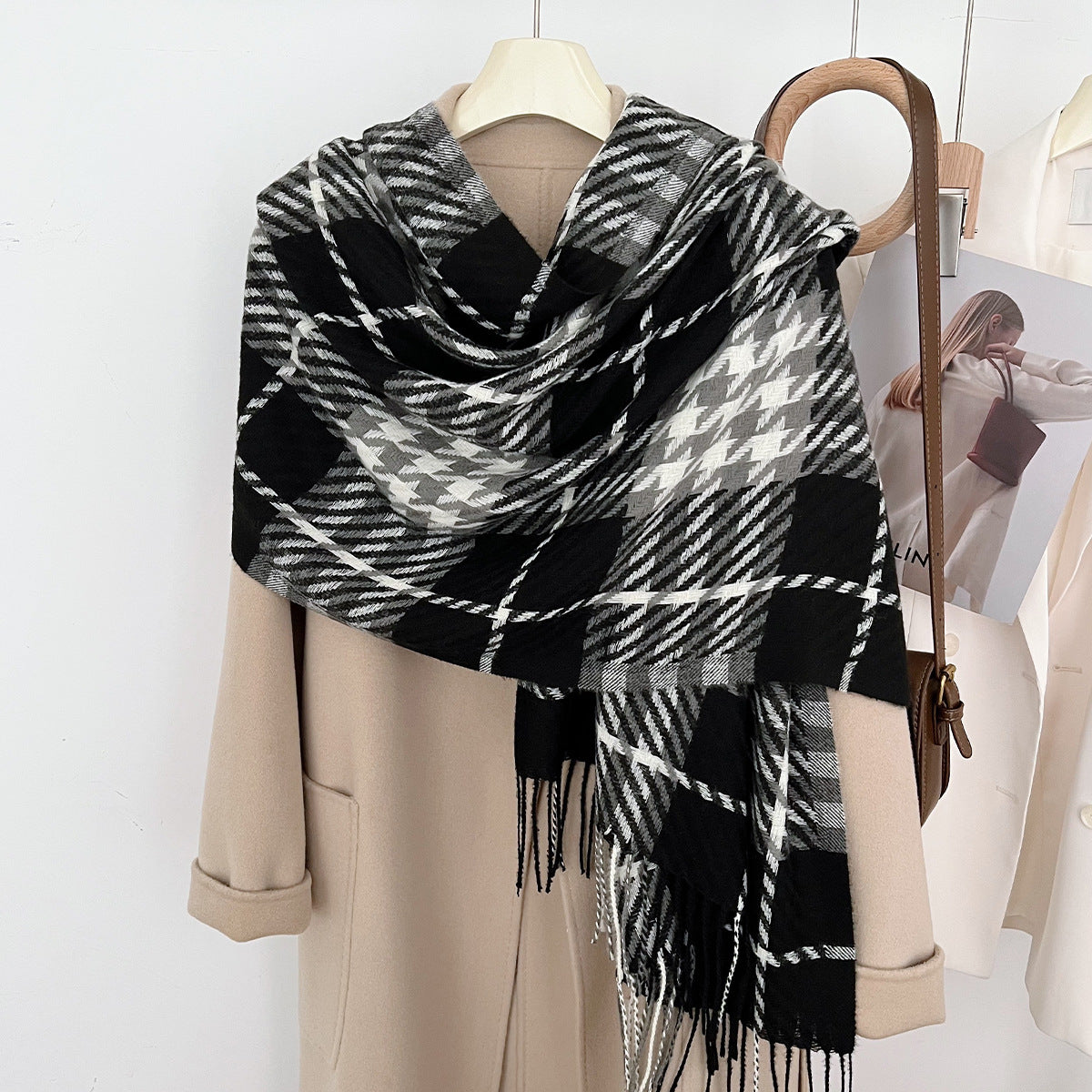 Women's Slouchy Plaid Korean Tassel Shawl Scarfs