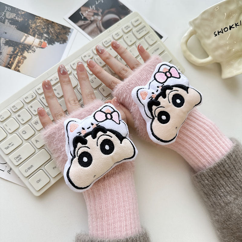 Half Finger Cartoon Knitted Bracers Thick Gloves