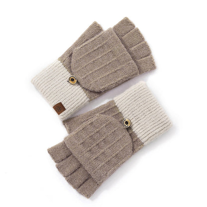 Women's Half Finger Flip Knitted Winter Cute Fleece-lined Outdoor Warm Gloves