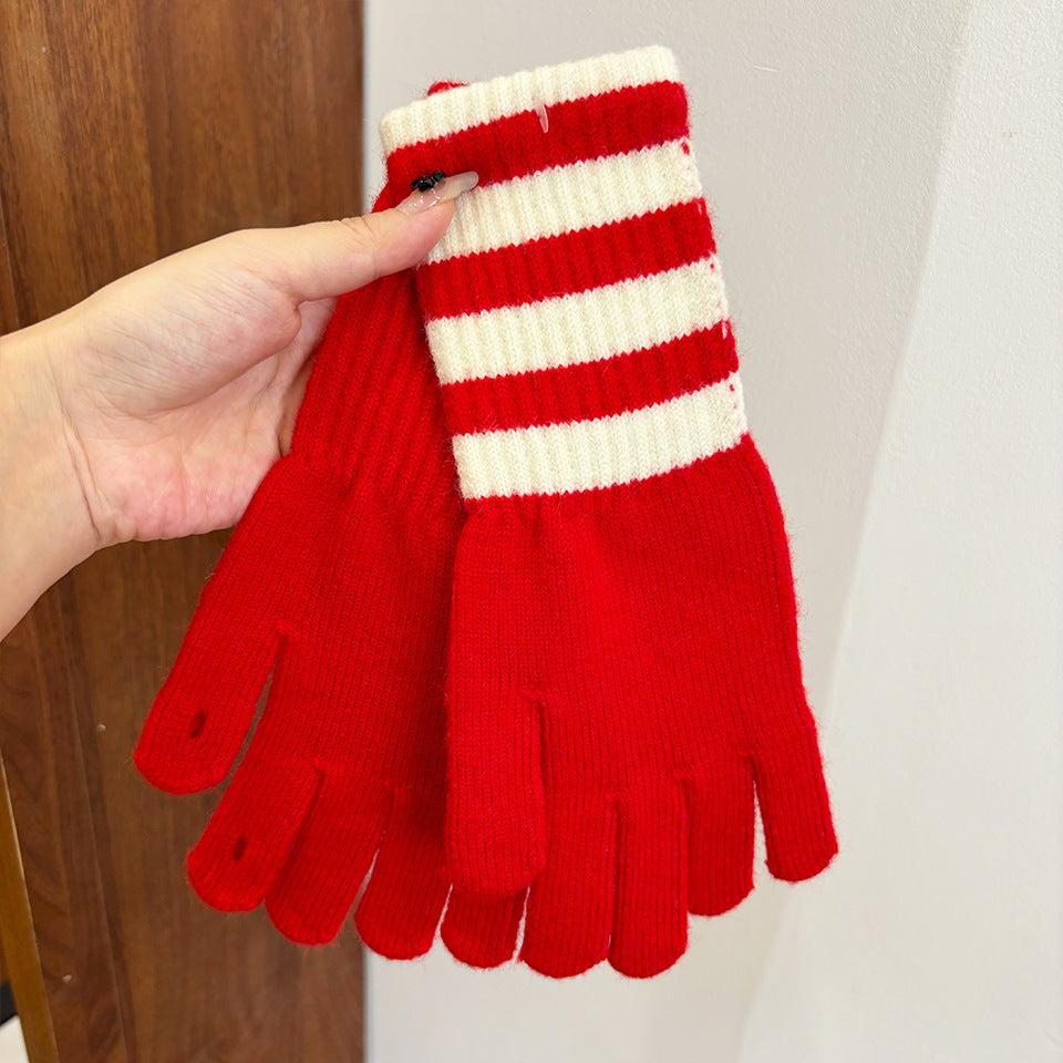 Women's Personalized Fashionable Knitted Warm Winter Extended Striped Open Touch Gloves