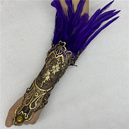 Halloween Feather Gothic Style Hollow Gold Gloves