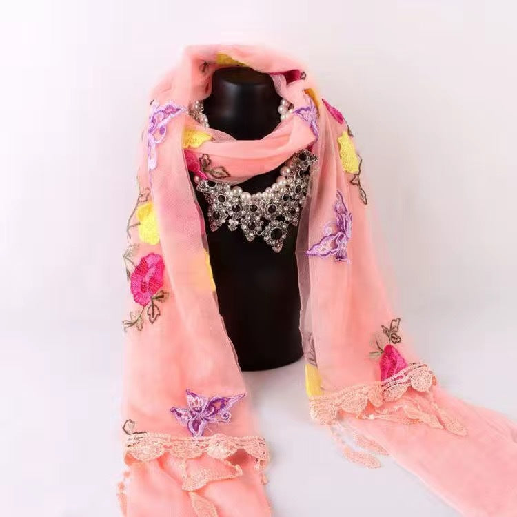 Women's Korean Embroidery Stitching Lace Solid Color Scarfs