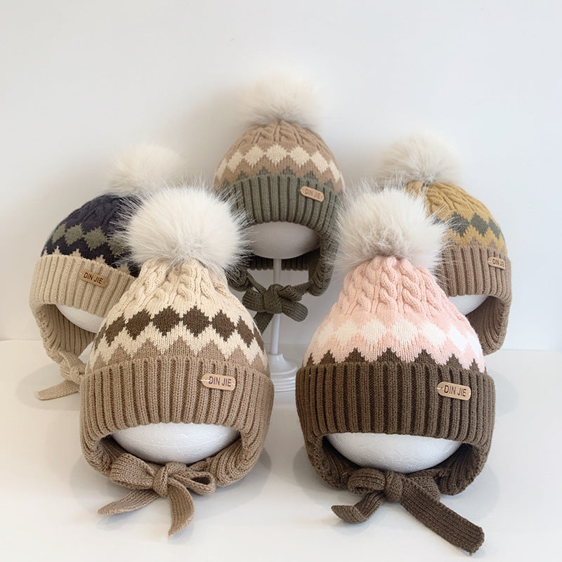 Fur Ball Knitted Earflaps Winter Boys Kids' Headwear