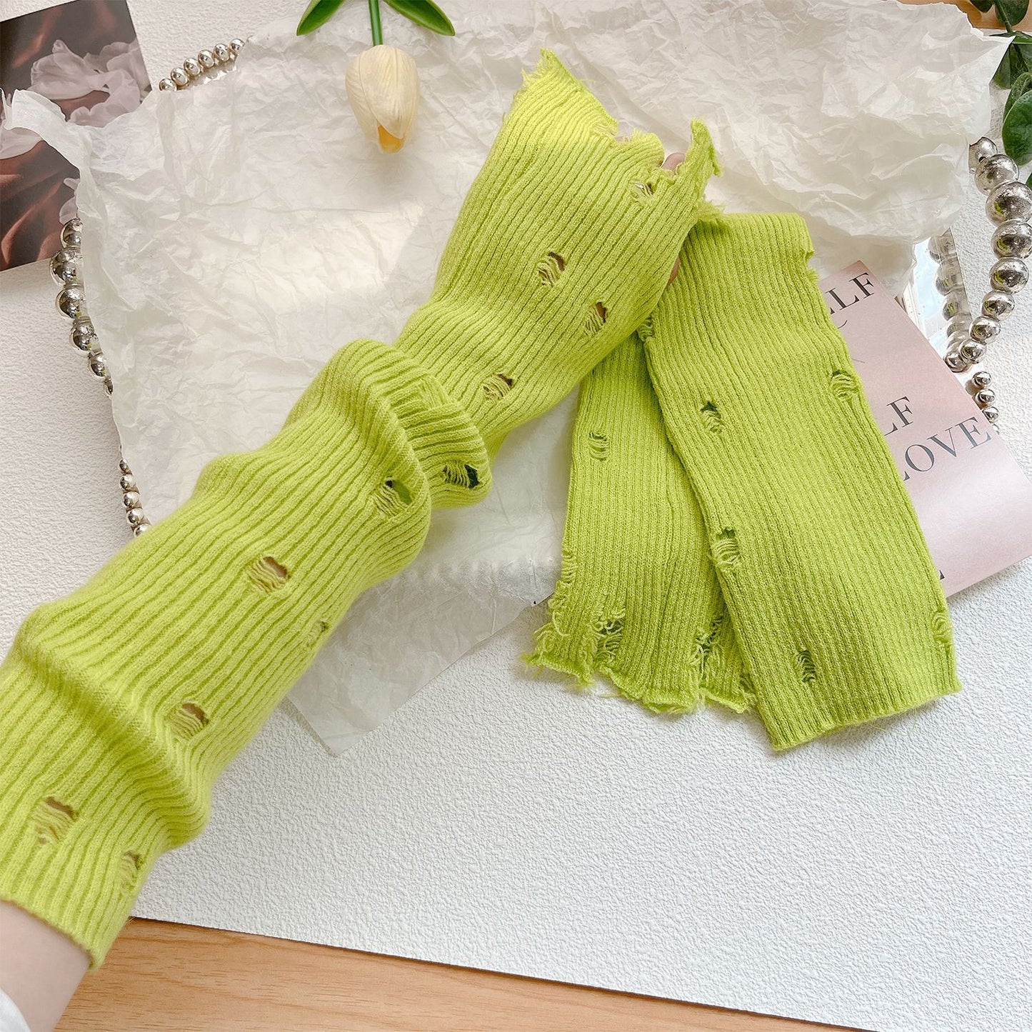 Hole Korean Fingerless Warm Arm Guard Gloves