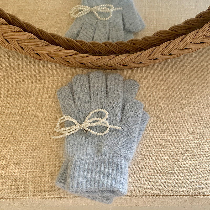 Women's Pearl Bow With Angora Winter Warm Gloves