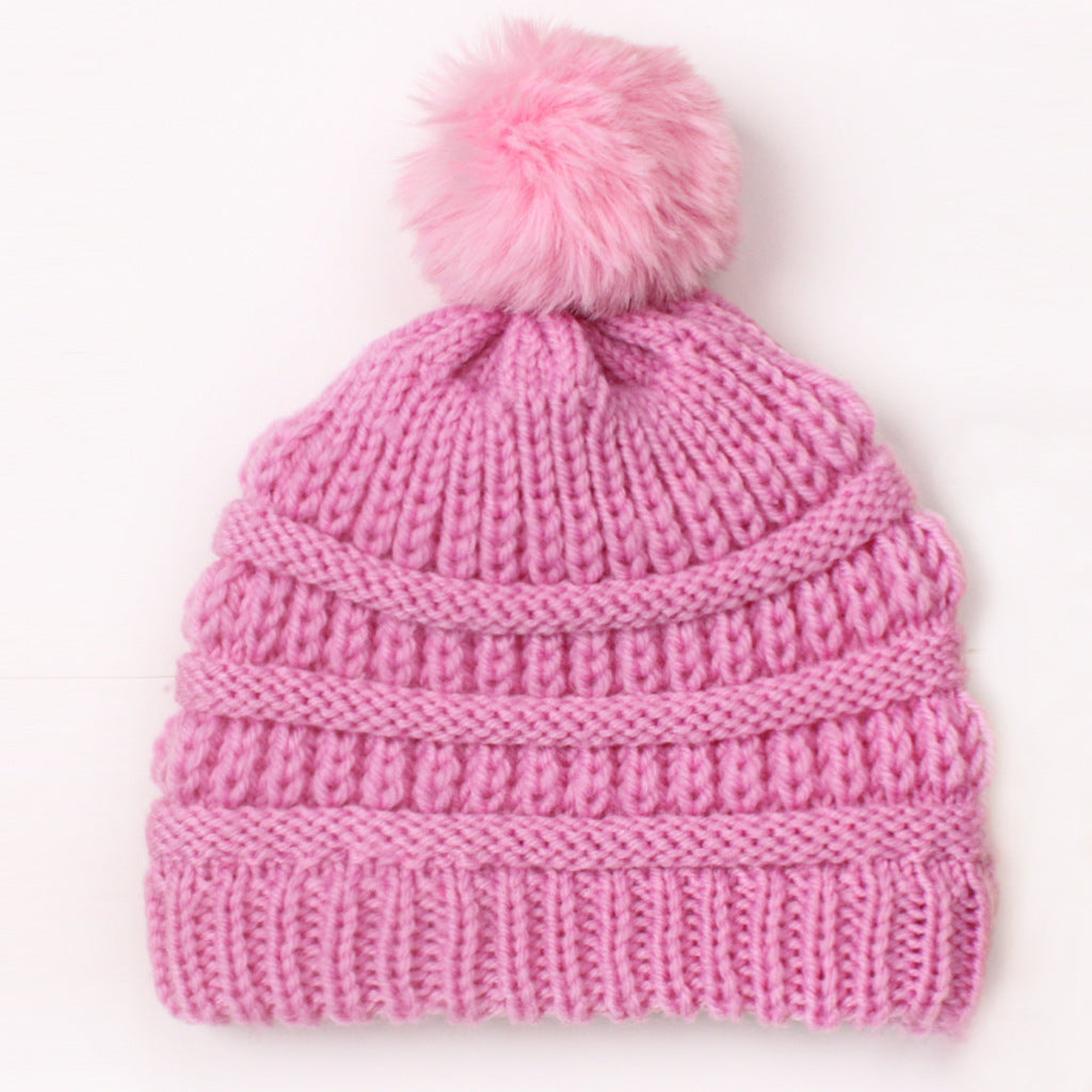 Children's Knitted Sleeve Fur Ball Warm Hat Kids' Headwear