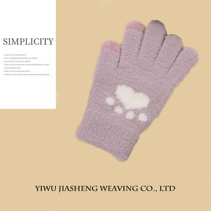 Women's Paw Knitted Cute Fleece-lined Thickened Touch Gloves