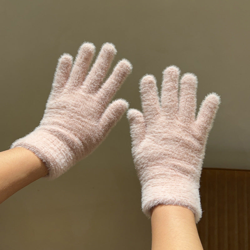 Rabbit Fur Plush Female Winter Fleece-lined Gloves