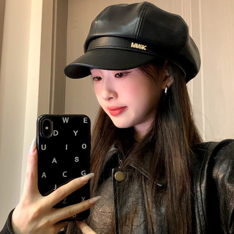 Women's Metal Label Painter Retro Leather Octagonal Style Hats & Caps