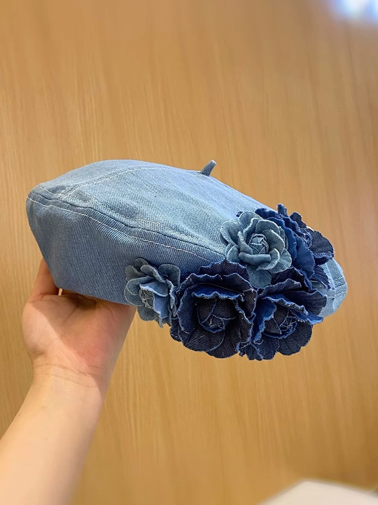 Women's Three-dimensional Flowers Denim Beret Trendy Fashionable Hats & Caps