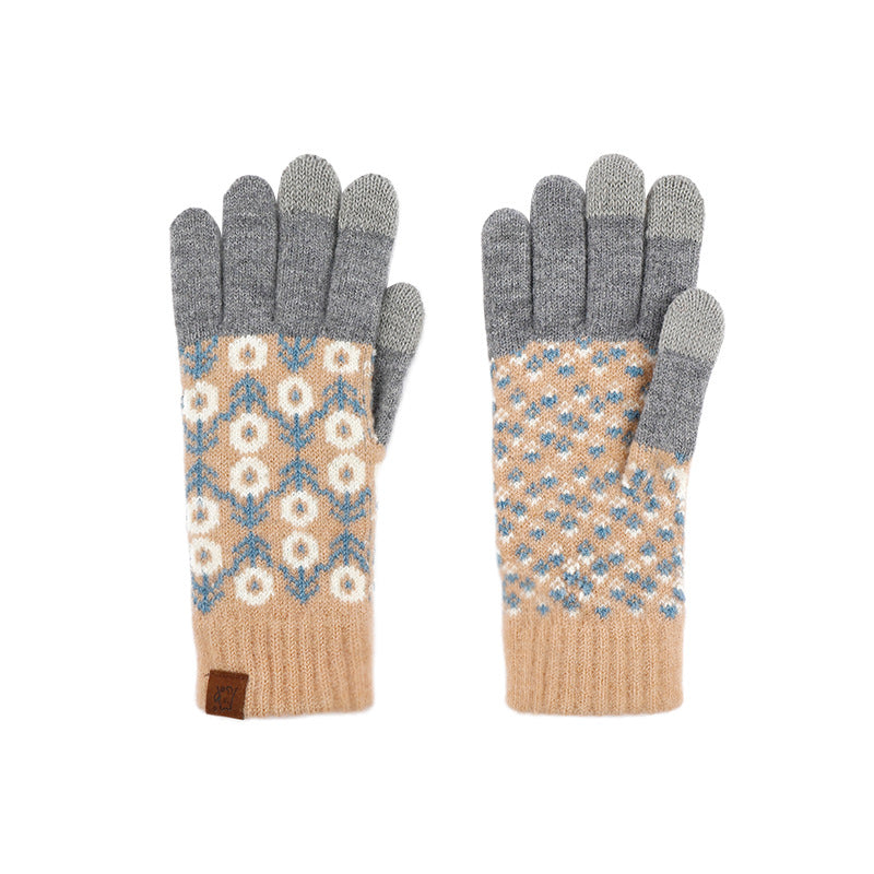 Color Knitted Retro Jacquard Fleece Lining Cycling Gloves