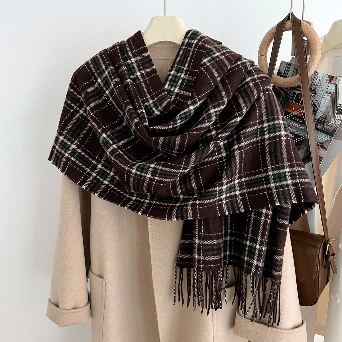 Women's Slouchy Plaid Korean Tassel Shawl Scarfs