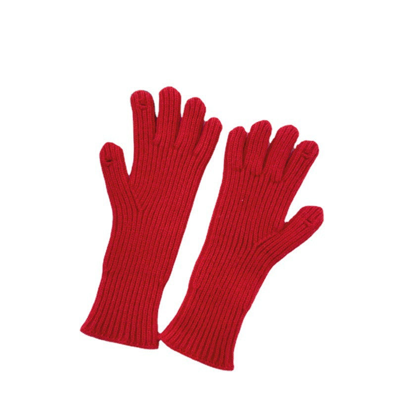 Women's Woolen Knitted Labeling Winter Warm Red Open Gloves