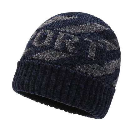 Men's Warm Knitted Chenille Jacquard Pullover Two-piece Hats & Caps