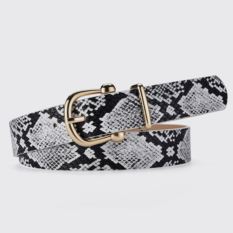 Women's Trendy Snake Pattern National Style Decorative Gold Buckle Textured Belts