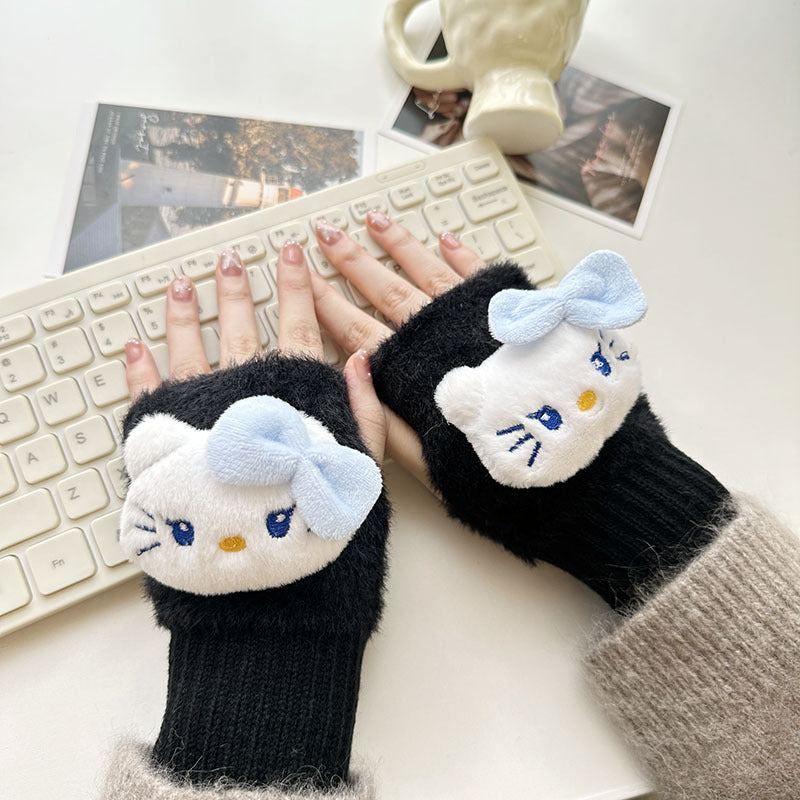 Half Finger Cartoon Knitted Bracers Thick Gloves