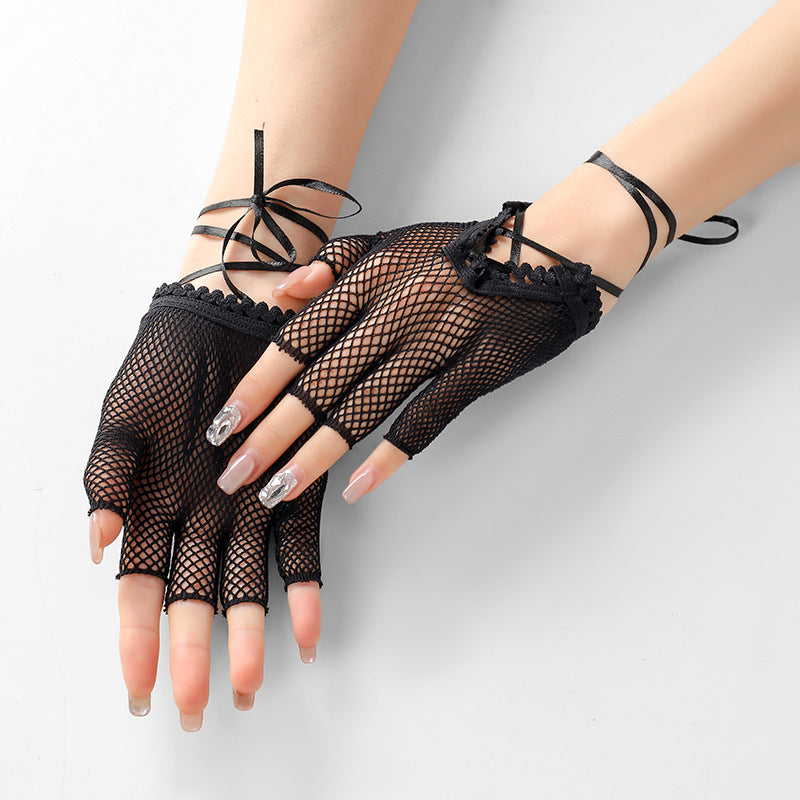 Women's Summer Sexy Mesh Strap Long Half Finger Gloves