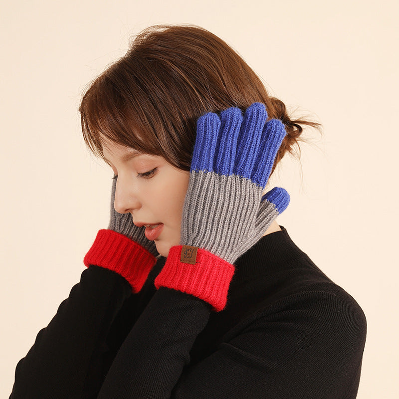 Contrast Color Touch Screen Fingerless Knitted Knitting Gloves