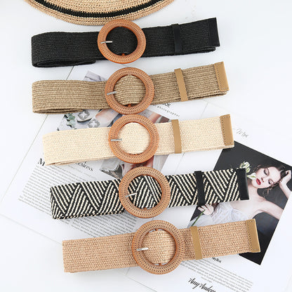 Women's Straw Woven Round Square Buckle Dress Belts